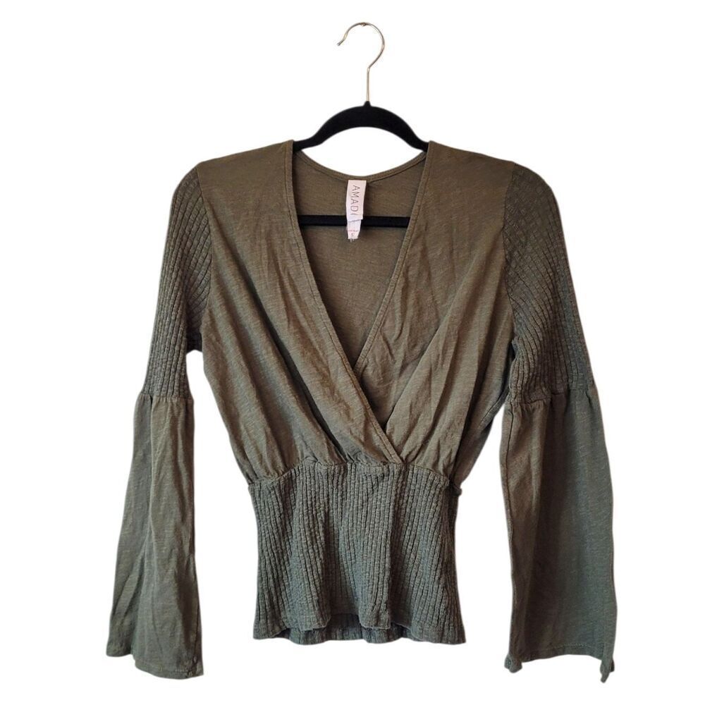 AMADI Olive Green Wrap-Style Smocked Waist Top Size S